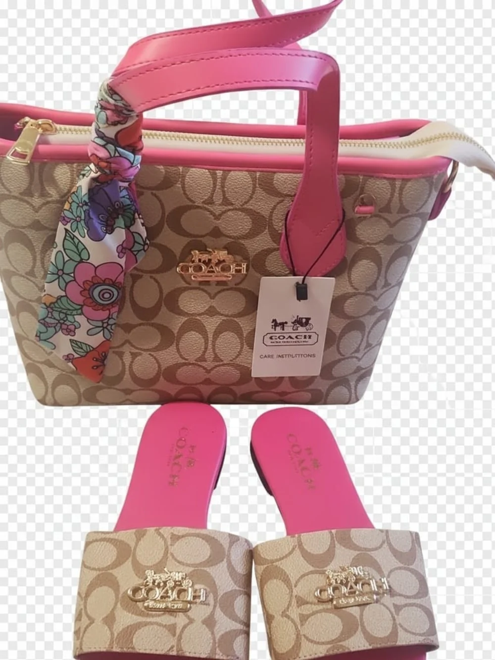 Coach Beige Signature Canvas Sandals & Matching Tote with Hot Pink Accents